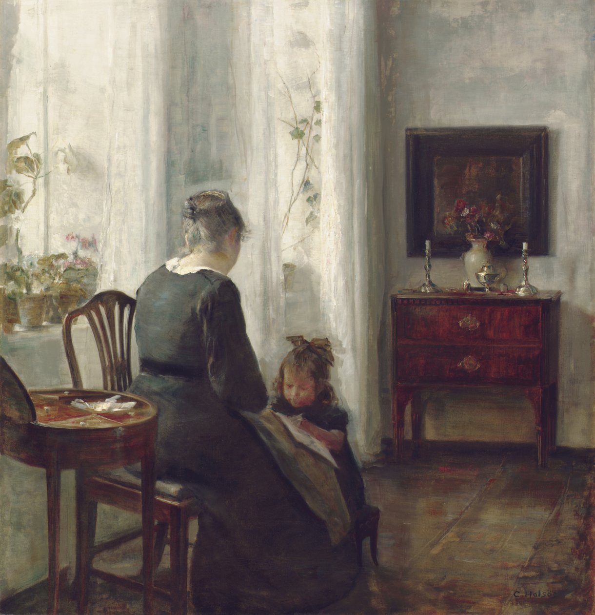 Äiti ja lapsi sisätiloissa (öljy kankaalle) tekijältä Carl Holsoe