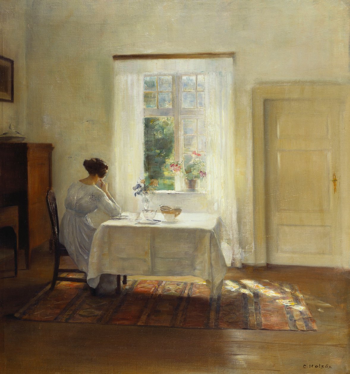 Nainen istuu pöydän ääressä ikkunan vieressä (öljy kankaalle) tekijältä Carl Holsoe