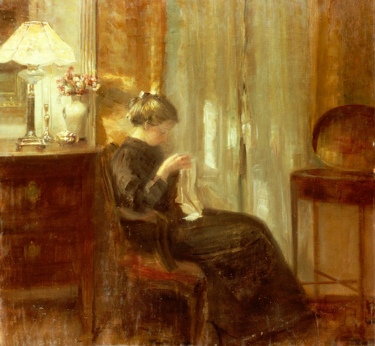 Nainen ompelevassa sisustuksessa (öljy paneelissa) tekijältä Carl Holsoe