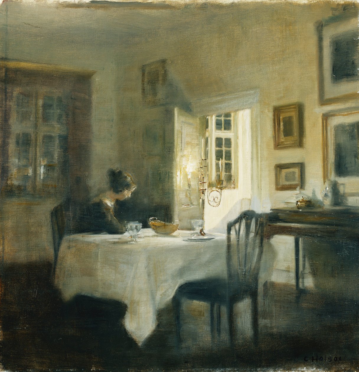 Nainen ruokasalin pöydässä tekijältä Carl Holsoe
