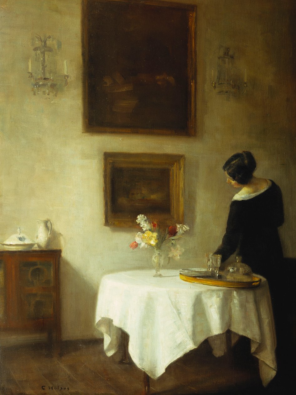 Nainen ruokapöydän ääressä (öljy kankaalle) tekijältä Carl Holsoe