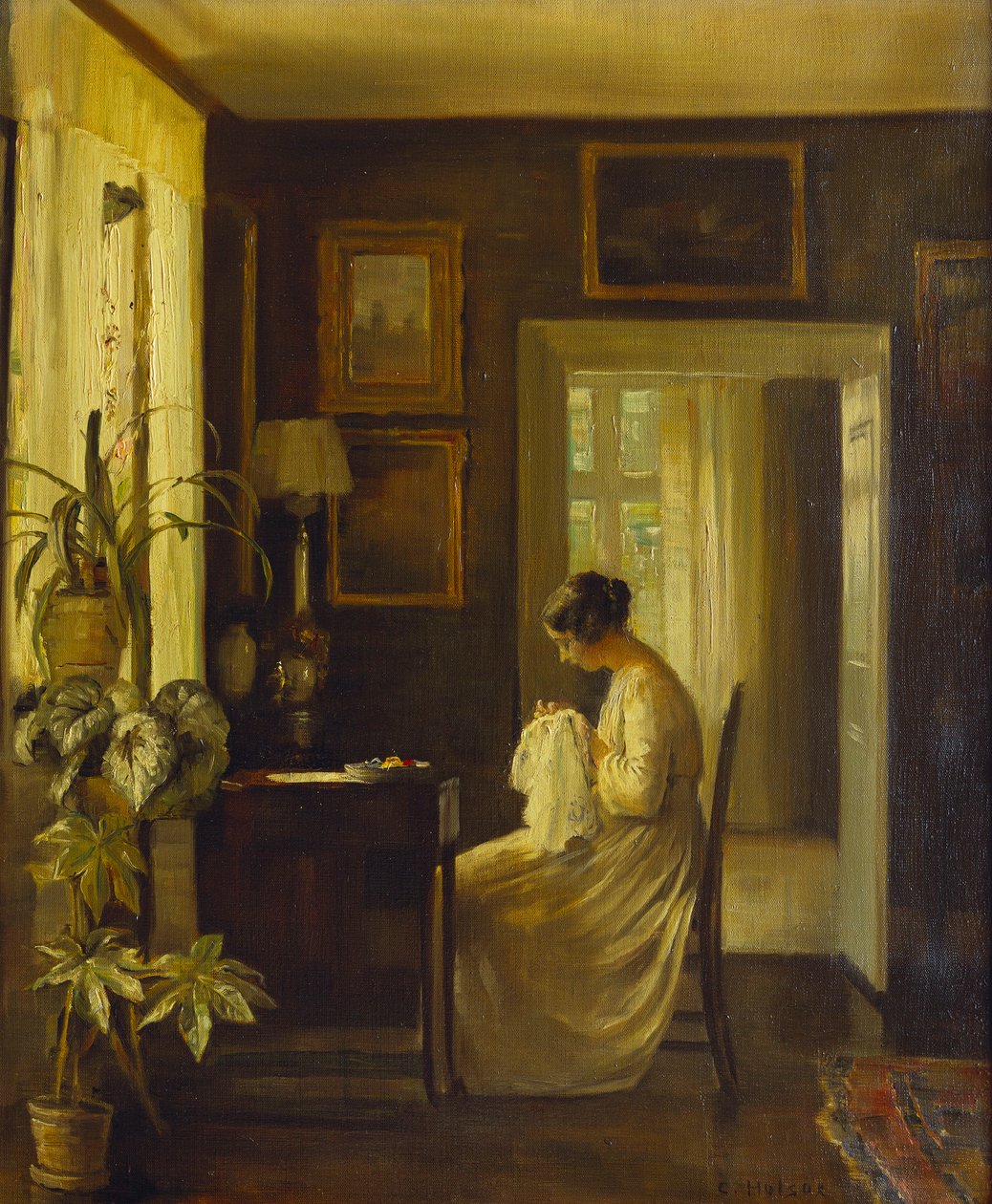 Sisustus, jossa nainen ompelee (öljy kankaalle) tekijältä Carl Holsoe