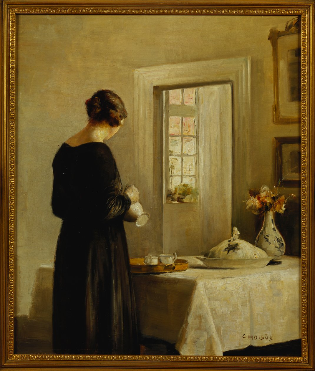 Sisustus, jossa nainen pöydässä (öljy kankaalle) tekijältä Carl Holsoe