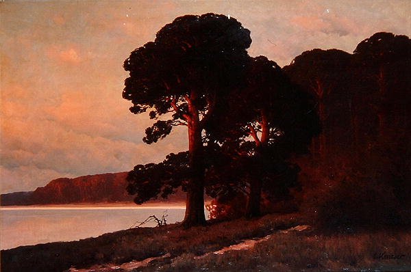 Auringonlasku, n. 1930 (öljy kankaalle) tekijältä Carl Kenzler