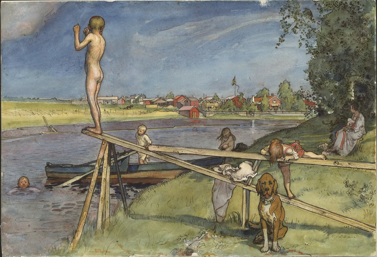 Miellyttävä uimapaikka. Teoksesta A Home (26 akvarellia) tekijältä Carl Larsson