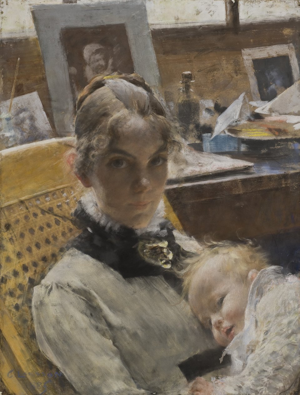 A Studio Idyll: Taiteilijavaimo ja heidän tyttärensä Suzanne, 1885 (pastelli) tekijältä Carl Larsson