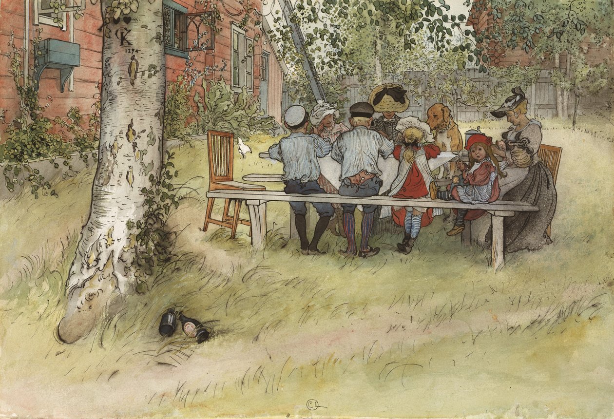 Aamiainen suuren koivun alla, A Home -sarjasta, n. 1895 (wc paperilla) tekijältä Carl Larsson