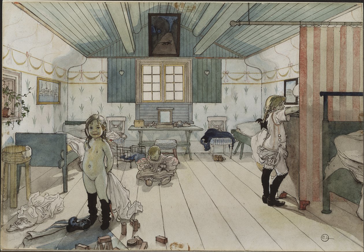 Chambre de petites filles - Pieni tyttöjen huone, kirjoittanut Larsson, Carl (1853-1919). Akvarelli paperille. Mitat: 32 x 43 cm. Tukholman kansallismuseo tekijältä Carl Larsson
