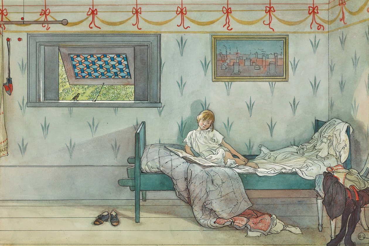 Cock-O-Doodle-Do, kello on seitsemän (akvarelli ja muste paperille) tekijältä Carl Larsson