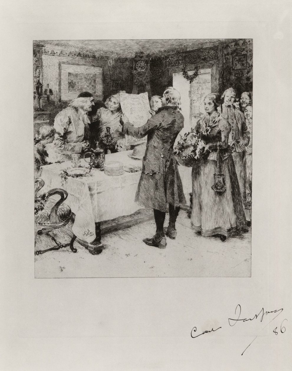 "Iloinen juhla". Kuvitus Anna Maria Lenngrenin runoon. Vedostila I tekijältä Carl Larsson