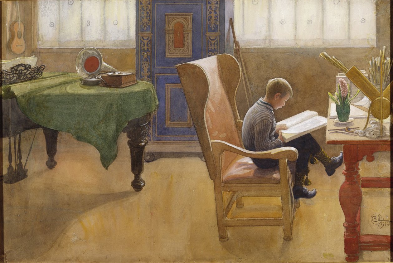 Esbjörn opiskelukulmassa tekijältä Carl Larsson