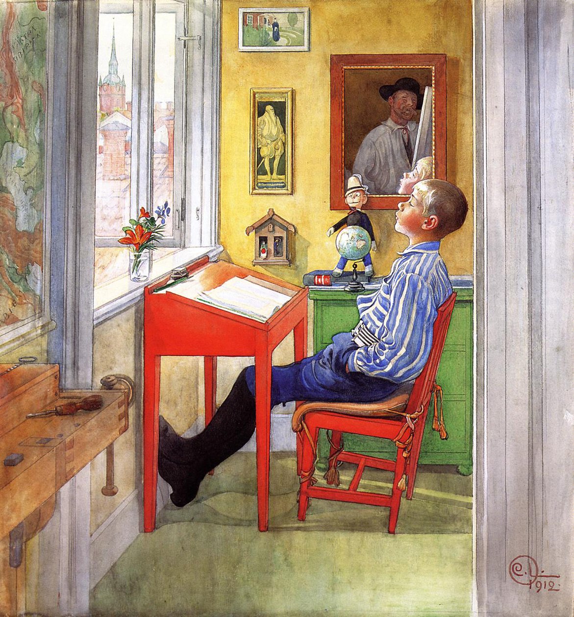 Esbjorn tekee kotitehtäviään, 1912 (wc, guassi ja kynä paperille kankaalle) tekijältä Carl Larsson