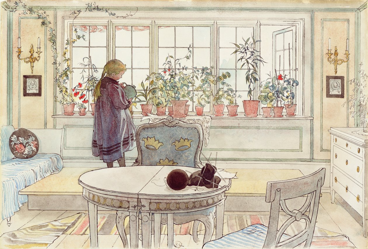 Kukat ikkunalaudalla, "A Home" -sarjasta, n. 1895 tekijältä Carl Larsson