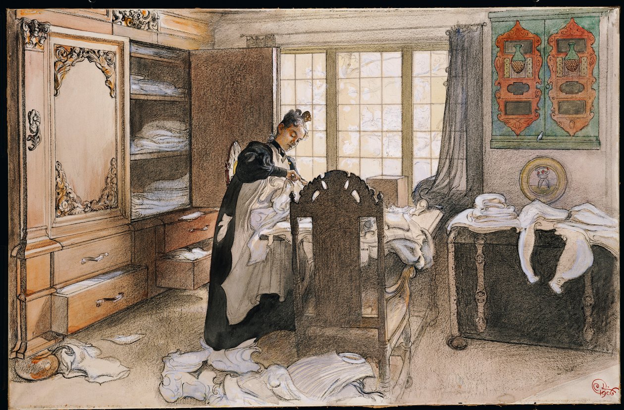 Karin pellavakaapin luona, 1906 tekijältä Carl Larsson