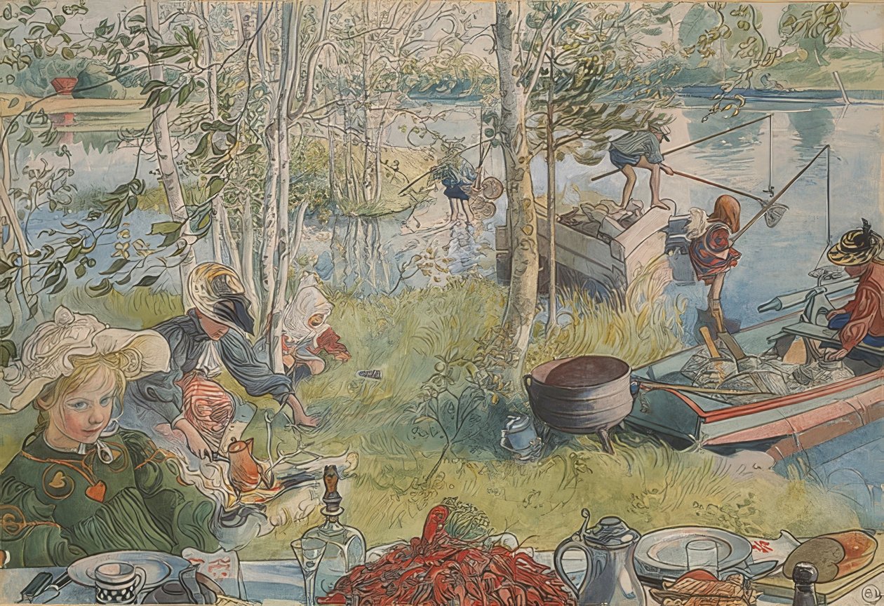 Rapujen pyydystäminen. Noin 1895 tekijältä Carl Larsson