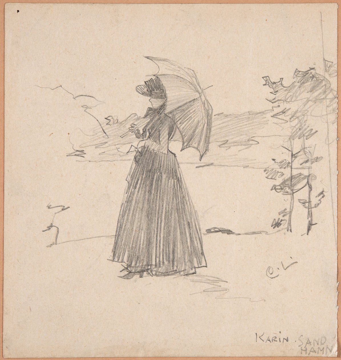 Nainen päivänvarjon kanssa tekijältä Carl Larsson