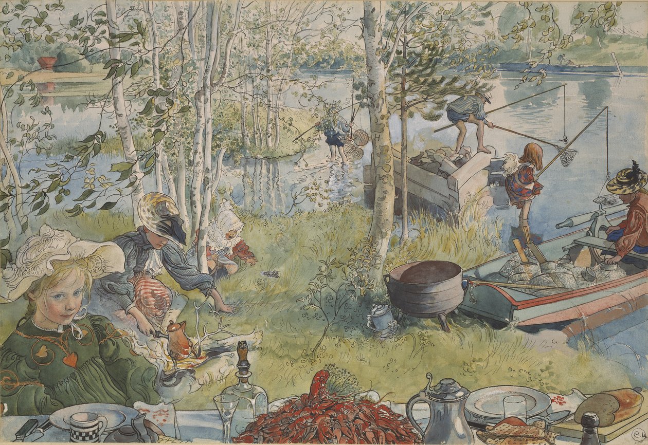 La peche aux ecrevisses - Rapukalastus, kirjoittanut Larsson, Carl (1853-1919). Akryylivärit paperille. Mitat: 32 x 43 cm. Tukholman kansallismuseo tekijältä Carl Larsson