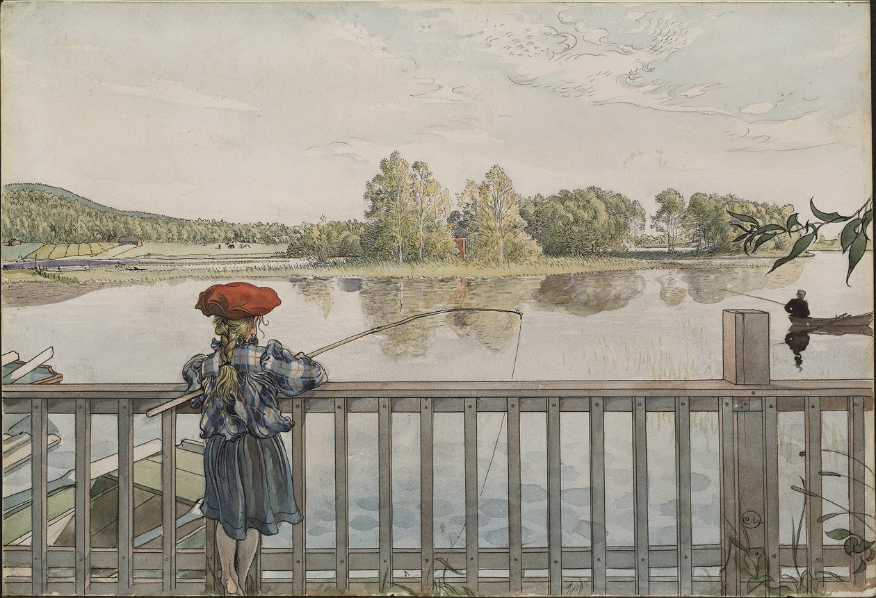 Lisbeth a la peche a la ligne - Lisbeth Angling, kirjoittanut Larsson, Carl (1853-1919). Akvarelli ja tempera paperille. Mitat: 32 x 43 cm. Tukholman kansallismuseo tekijältä Carl Larsson