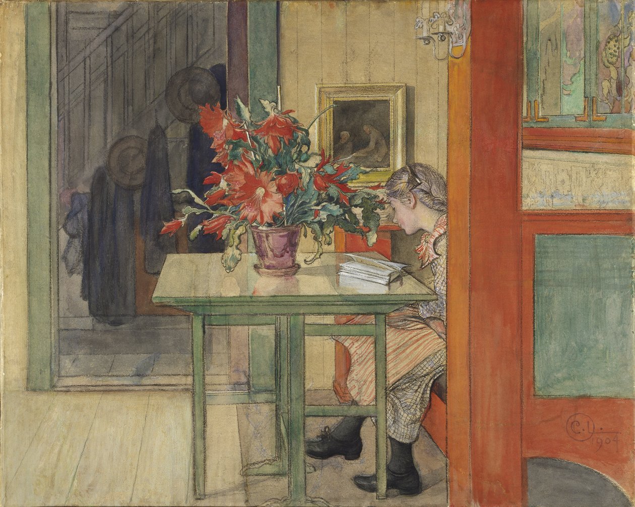 Lisbeth lisant - Lisbeth Reading, kirjoittanut Larsson, Carl (1853-1919). Akvarelli ja tempera paperille tekijältä Carl Larsson