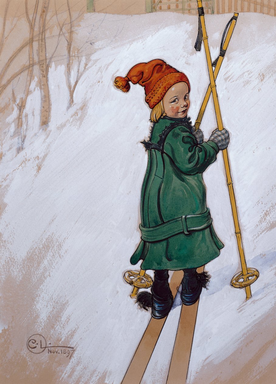 Pikkutyttö hiihtää tekijältä Carl Larsson