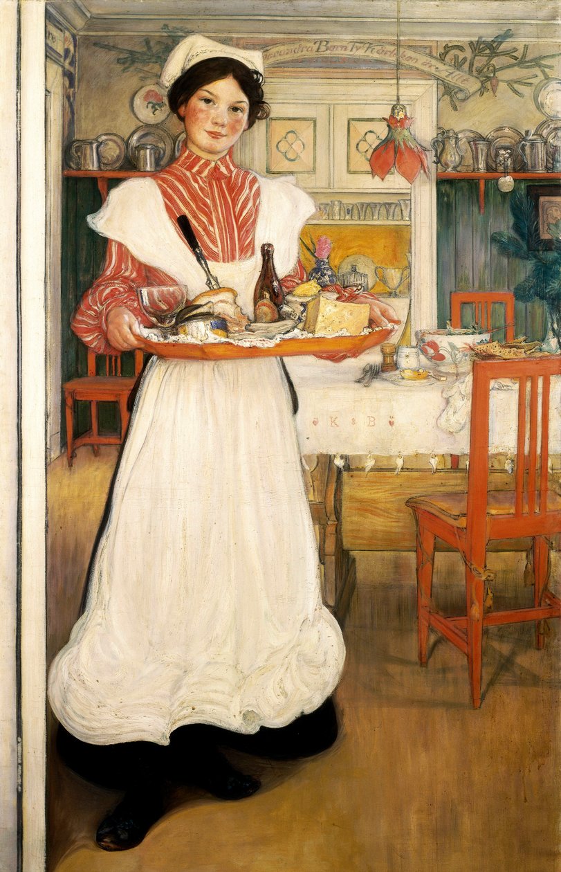 Martina kantaa aamiaista tarjottimella tekijältä Carl Larsson