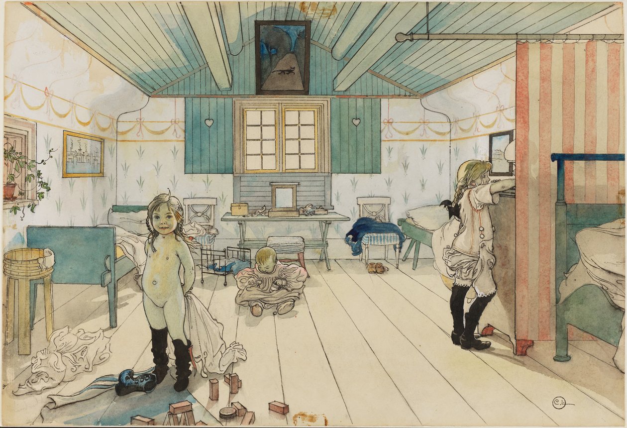 Äidin ja pienten tyttöjen huone. Teoksesta Koti (26 akvarellia) tekijältä Carl Larsson