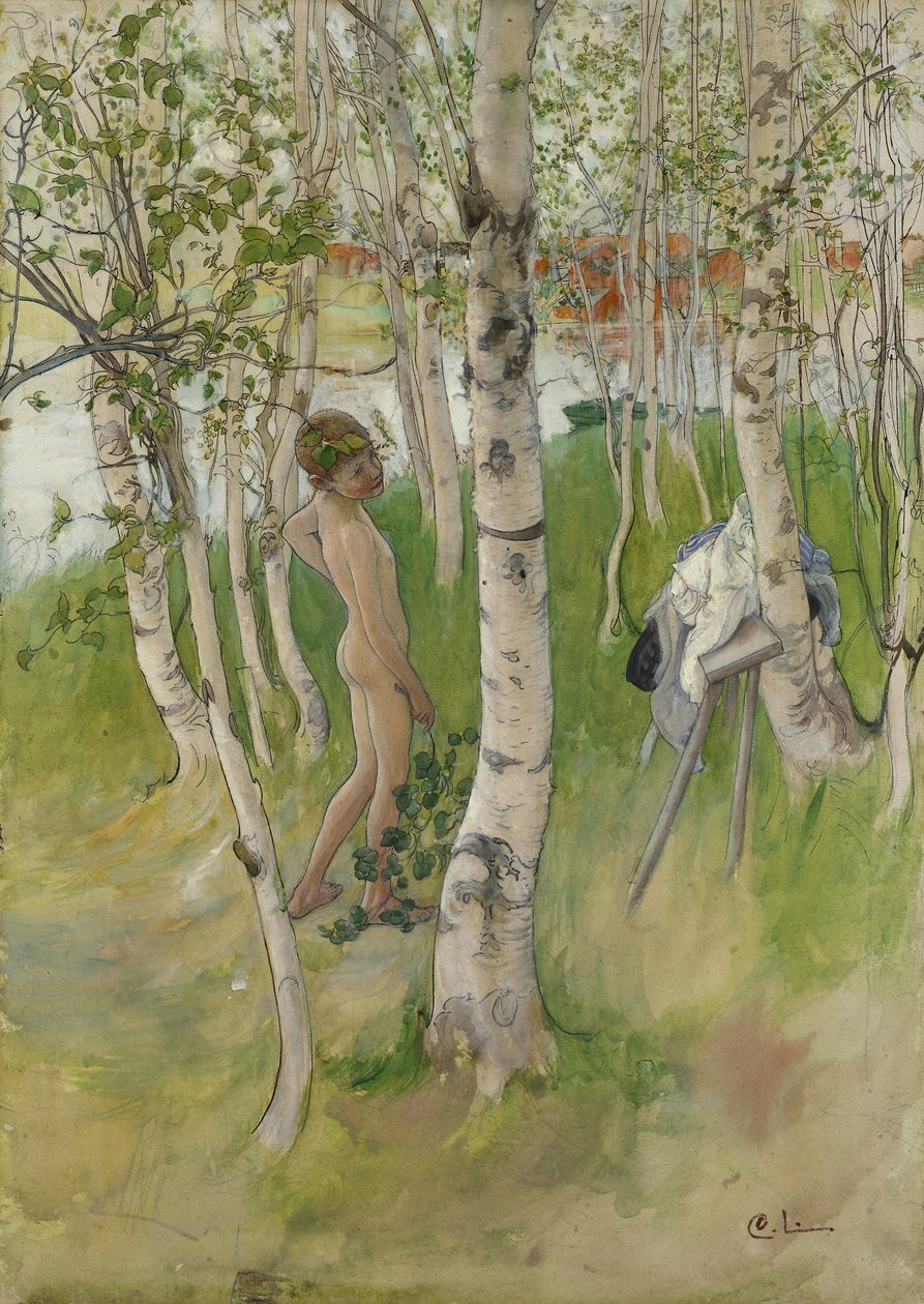 Alastonpoika koivujen keskellä, 1898 (wc paperilla) tekijältä Carl Larsson