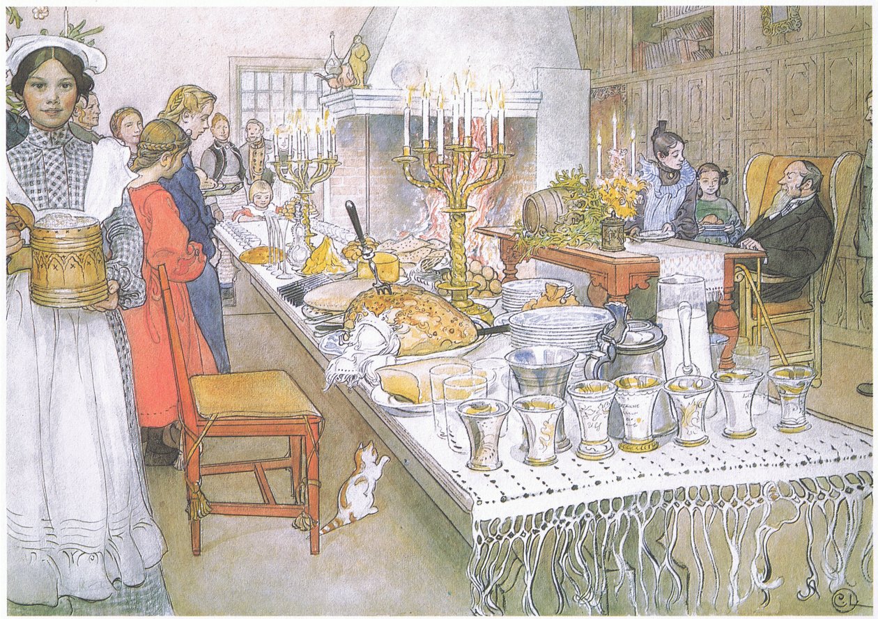 Jouluaattona ison salin valtava pitkä pöytä on täysin ruoan peitossa (värilitho). tekijältä Carl Larsson