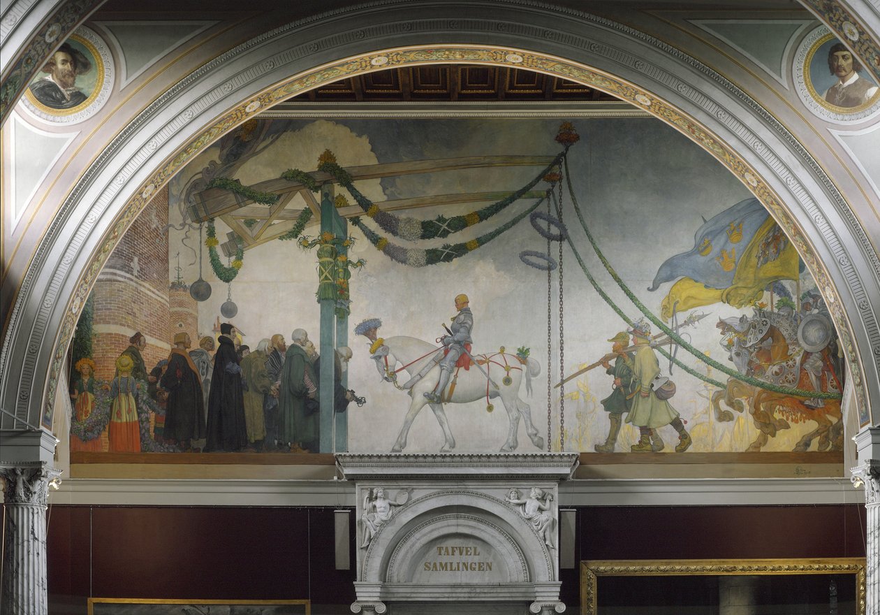 Ruotsin kuningas Kustaa Vaasan saapuminen Tukholmaan vuonna 1523, 1908. tekijältä Carl Larsson