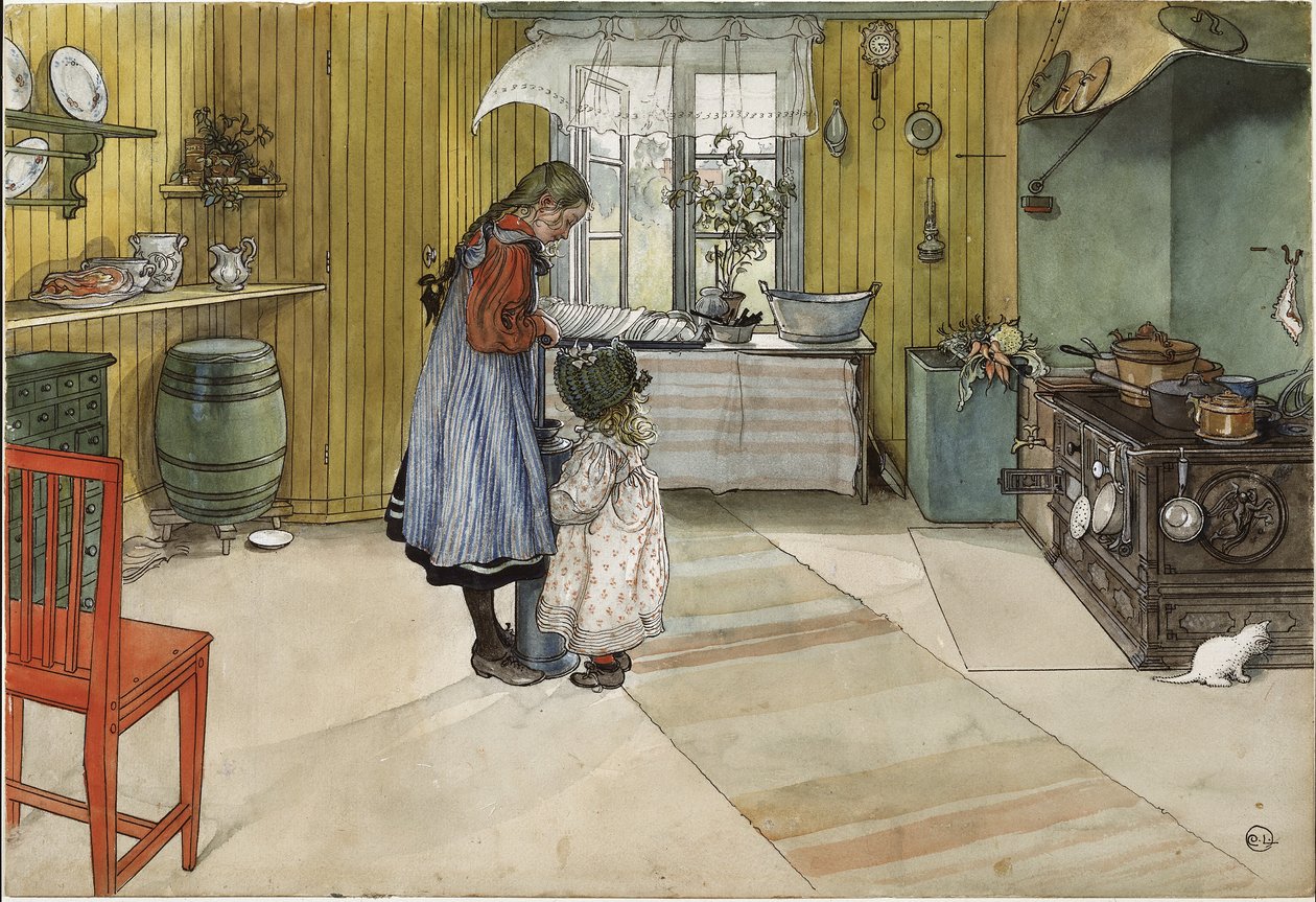 Keittiö, A Home -sarjasta, n. 1895 (wc paperilla) tekijältä Carl Larsson