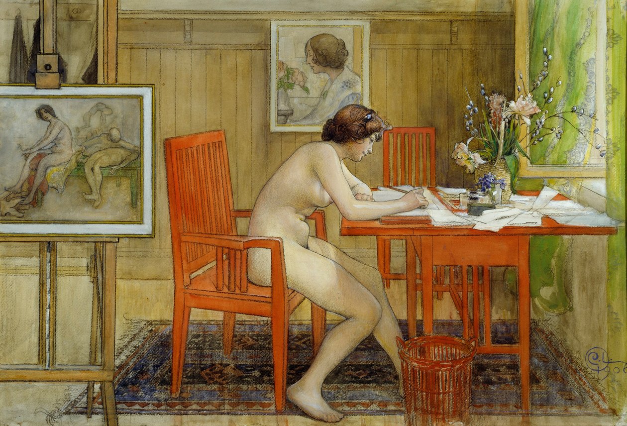 Malli kirjoittaa postikorttia tekijältä Carl Larsson