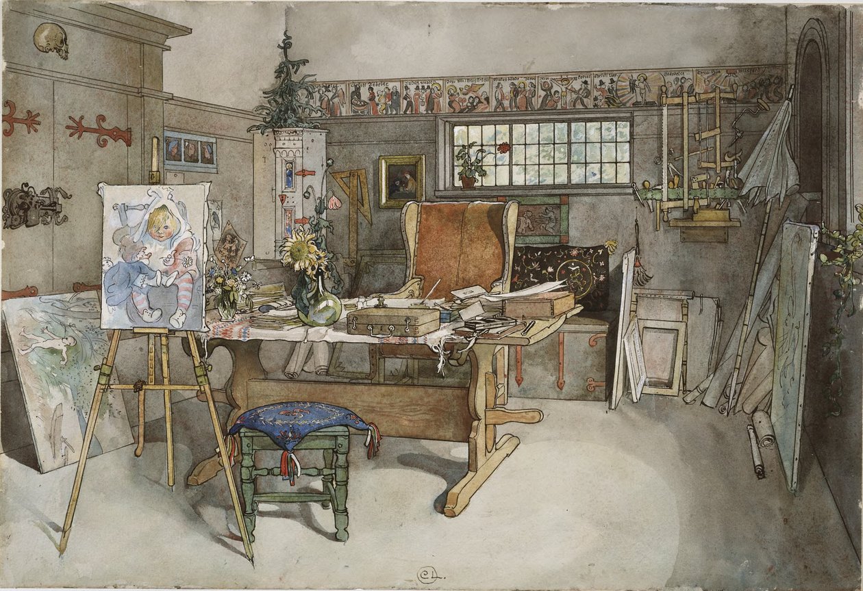 Ateljee. Teoksesta ”A Home” (26 akvarellia) tekijältä Carl Larsson