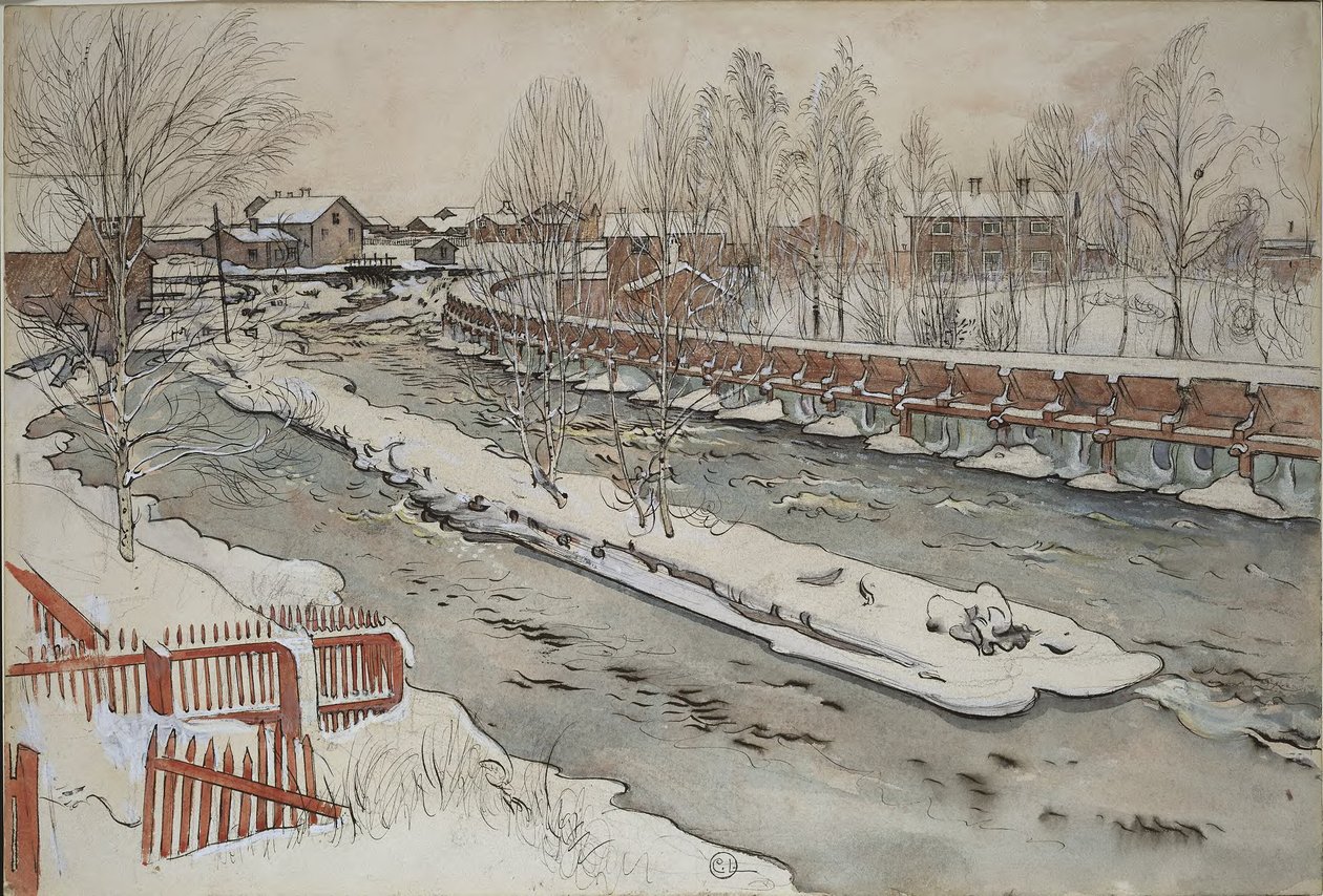 ”Timber Chute”. Talvimaisema. Teoksesta A Home (26 akvarellia) tekijältä Carl Larsson