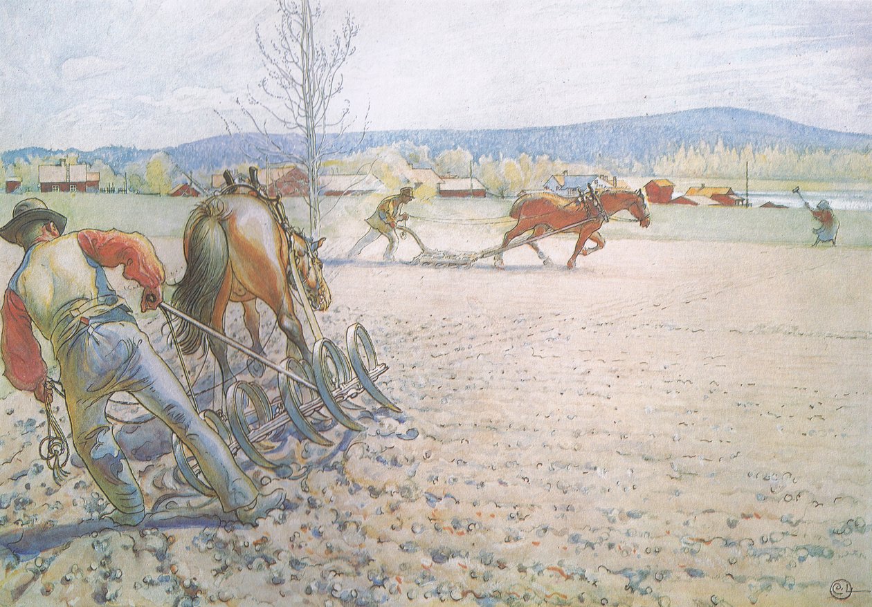 Kaksi miestä äkeineen työskenteli järjestelmällisesti edestakaisin tekijältä Carl Larsson