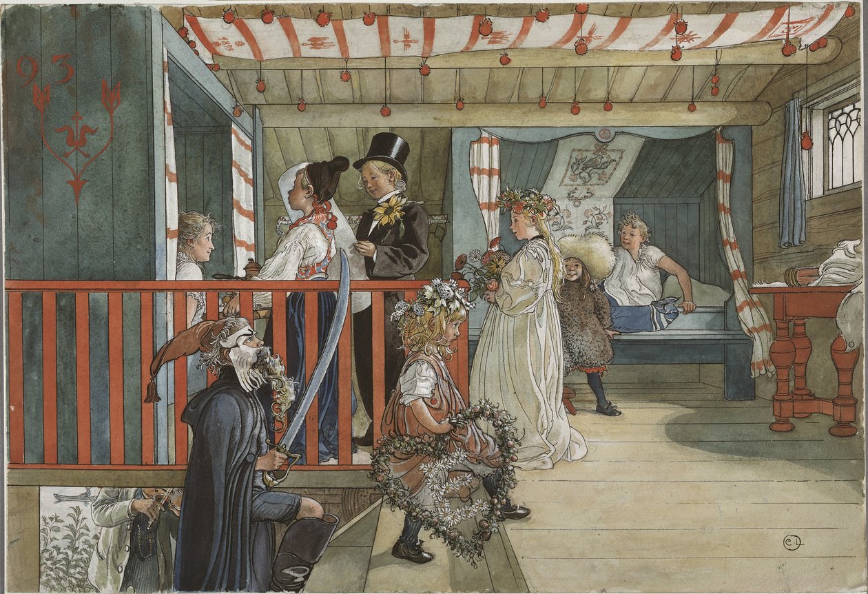 Un jour de fete - A Day of Celebration, kirjoittanut Larsson, Carl (1853-1919). Akvarelli paperille tekijältä Carl Larsson