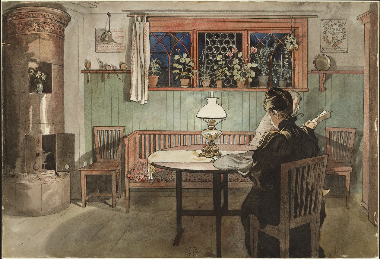 Kun lapset ovat menneet nukkumaan, "Koti" -sarjasta, n. 1895 (akvarelli paperille) tekijältä Carl Larsson