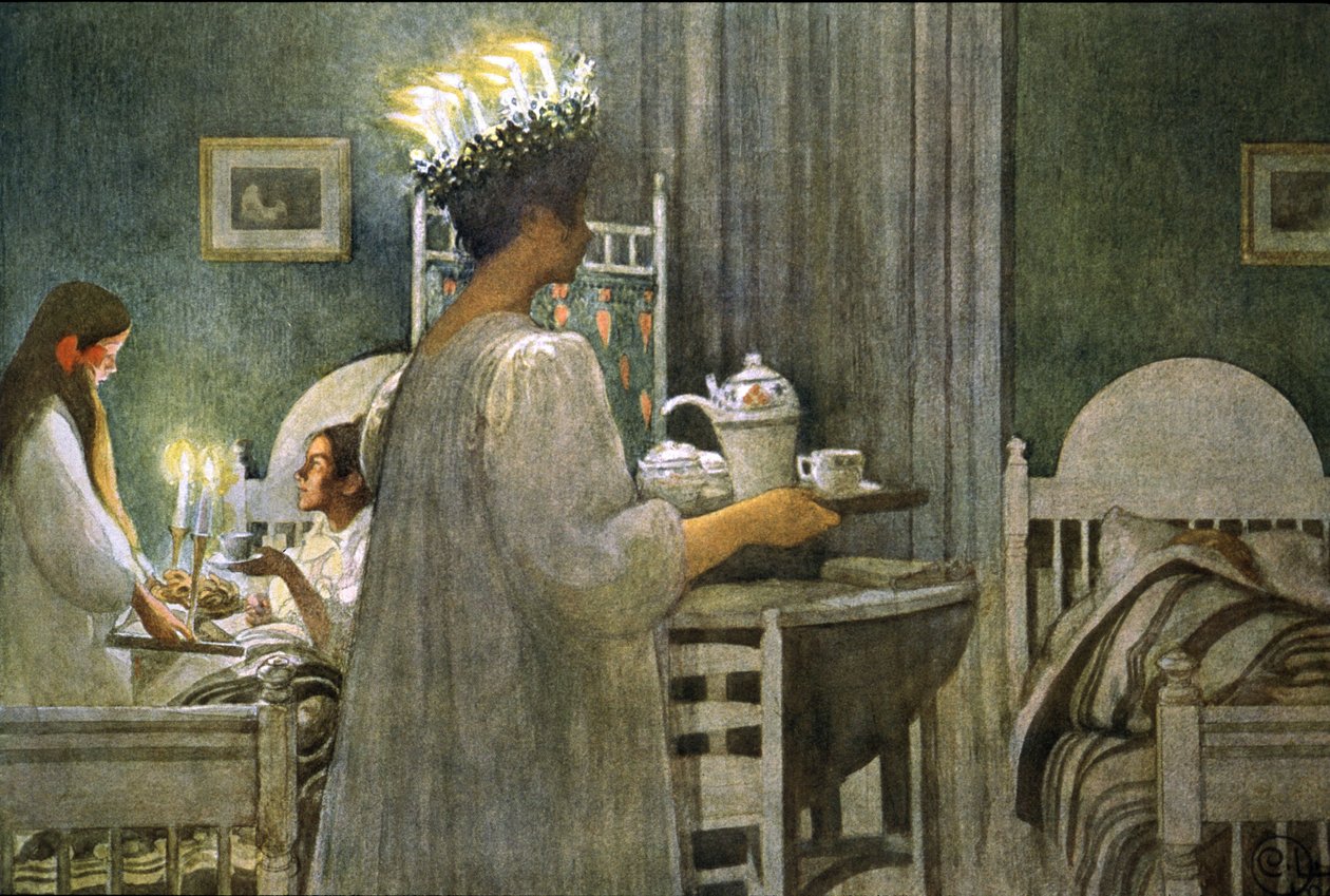 nuori tyttö kynttiläkruunu hiuksissa Saint Lucyn päivänä, kuvitus 1916 tekijältä Carl Larsson