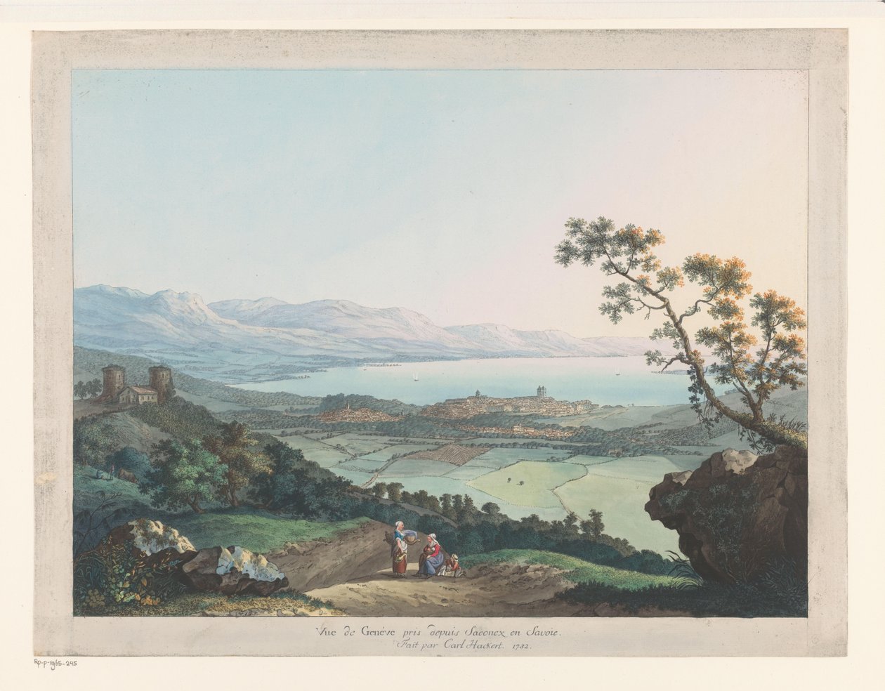 Gezicht op Geneve Näkymä Genevestä Saconexista Savoissa (otsikko esineessä) tekijältä Carl Ludwig Hackert