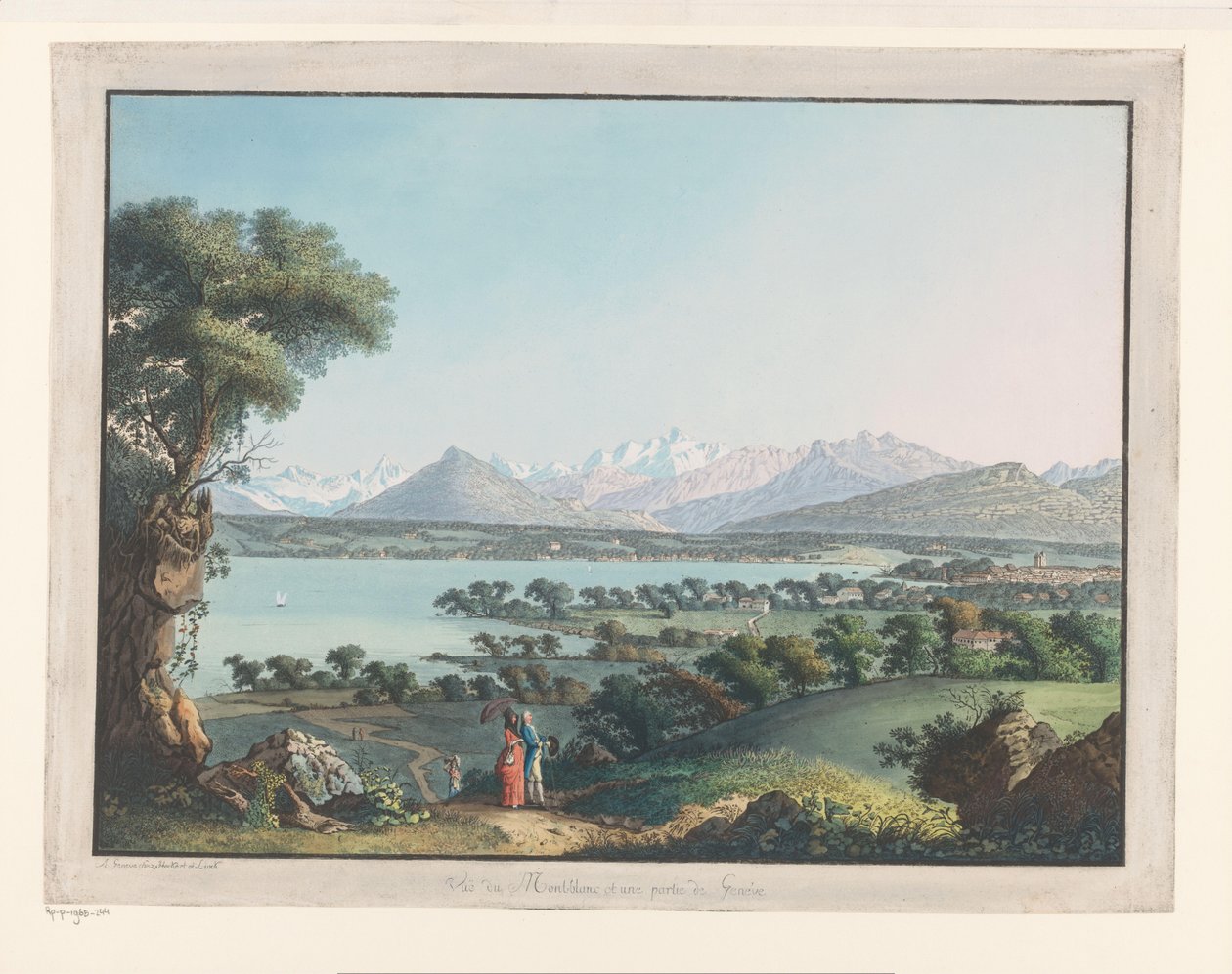 Näkymä Geneveen ja taustalla Mont-Blanc Näkymä Mont-Blancille ja osalle Geneveä (otsikko esineessä) tekijältä Carl Ludwig Hackert