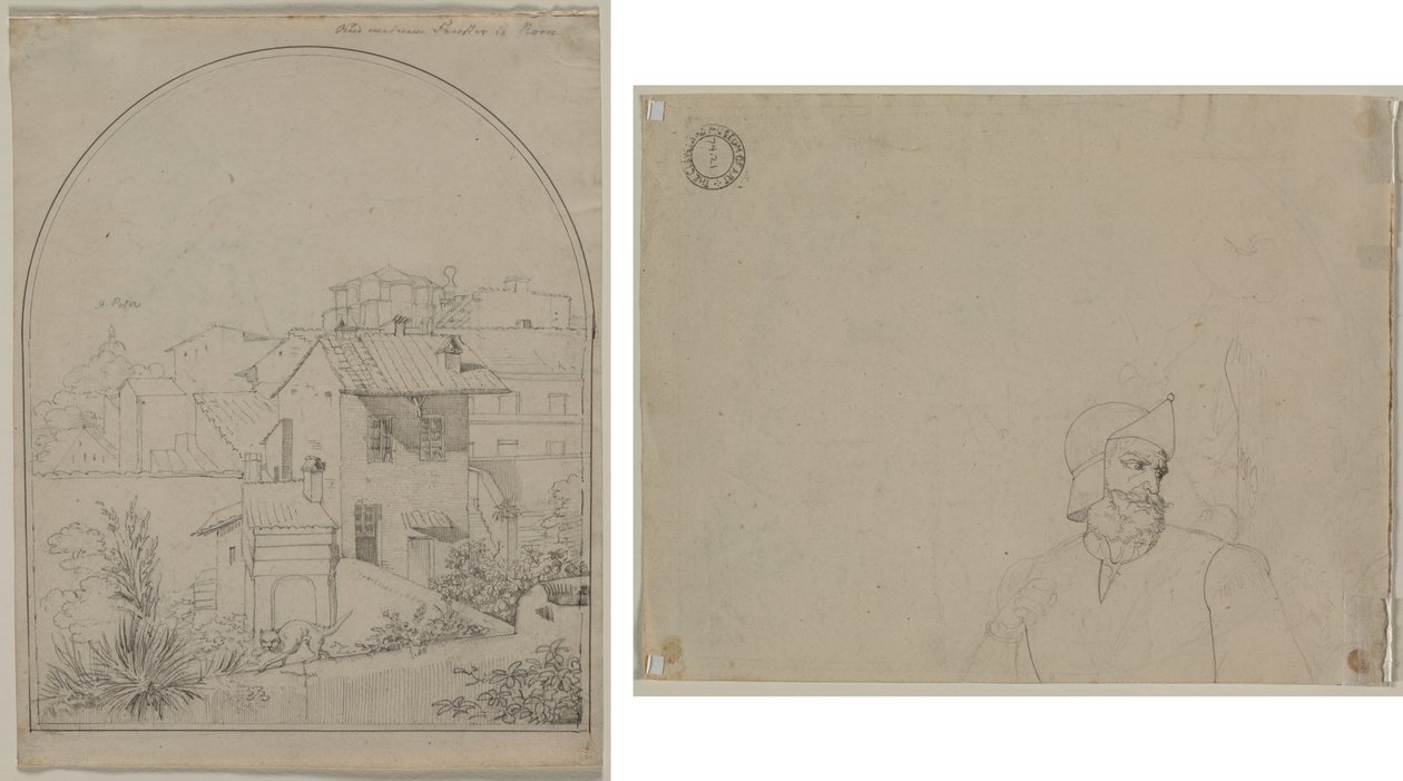 Näkymä ikkunastani Roomassa (recto) Sotilas maisemassa (verso) tekijältä Carl Ludwig Tischbein