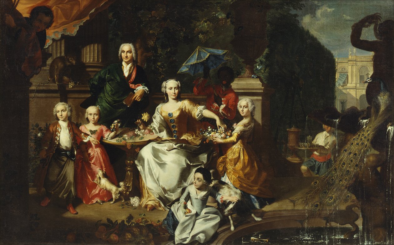 Perheryhmä terassilla huvilan pihalla, mahdollisesti George Jackson ja hänen perheensä, 1737 tekijältä Carl Marcus Tuscher