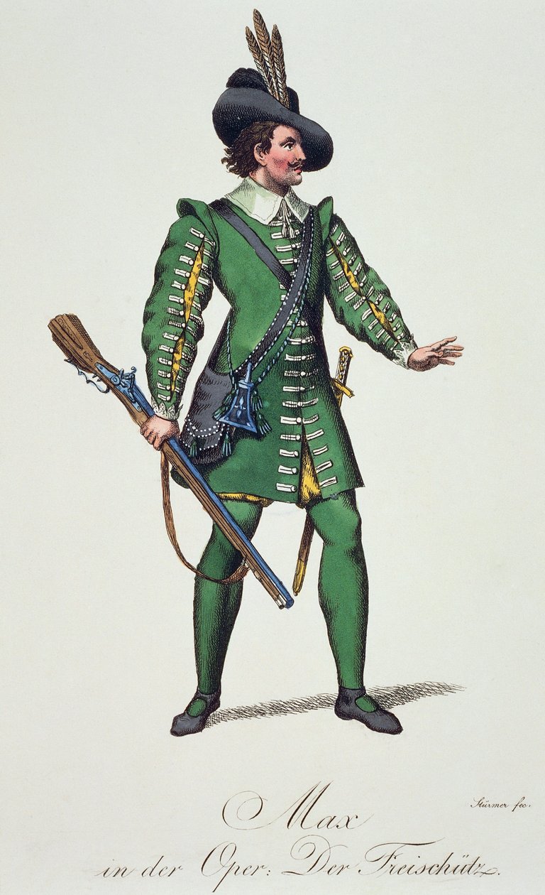 Max, pukuluonnos Carl Maria von Weberin (1786-1826) sarjaan Der Freischutz (ampuja tai vapaaampuja) tekijältä Carl Maria von Weber