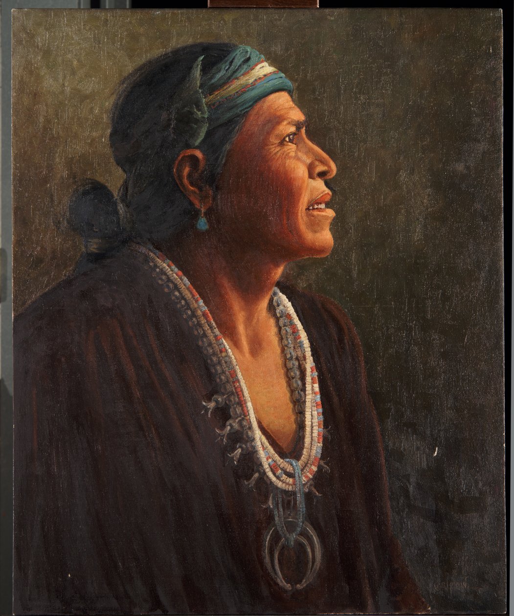 Ta-otza-begay, nimeltään Meguelito, Navajo Medicine Man (öljy kankaalle asennettuna paneeliin) tekijältä Carl Moon