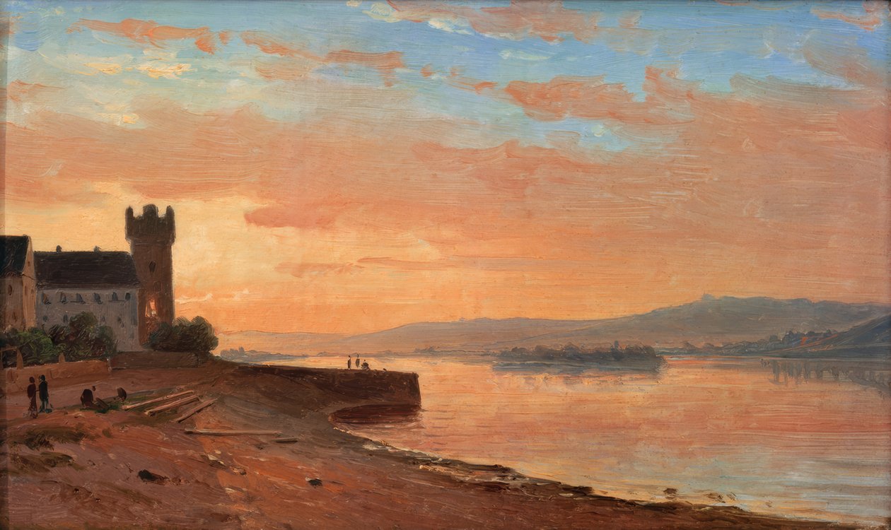 Auringonnousu Reinillä lähellä Rüdesheimia kotkatornin kanssa tekijältä Carl Morgenstern