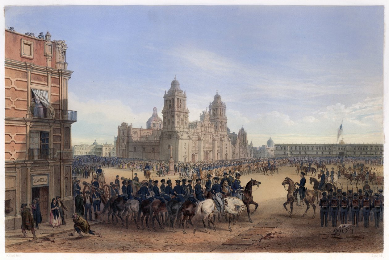 Kenraali Scottin sisäänkäynti Mexico Cityyn, Yhdysvaltain ja Meksikon välisestä sodasta, pubi. 1851 (värilitografia) tekijältä Carl Nebel
