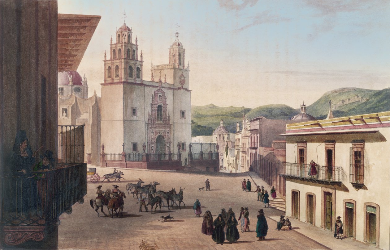 Plaza Mayor de Guanajuato (värillinen kaiverrus) tekijältä Carl Nebel