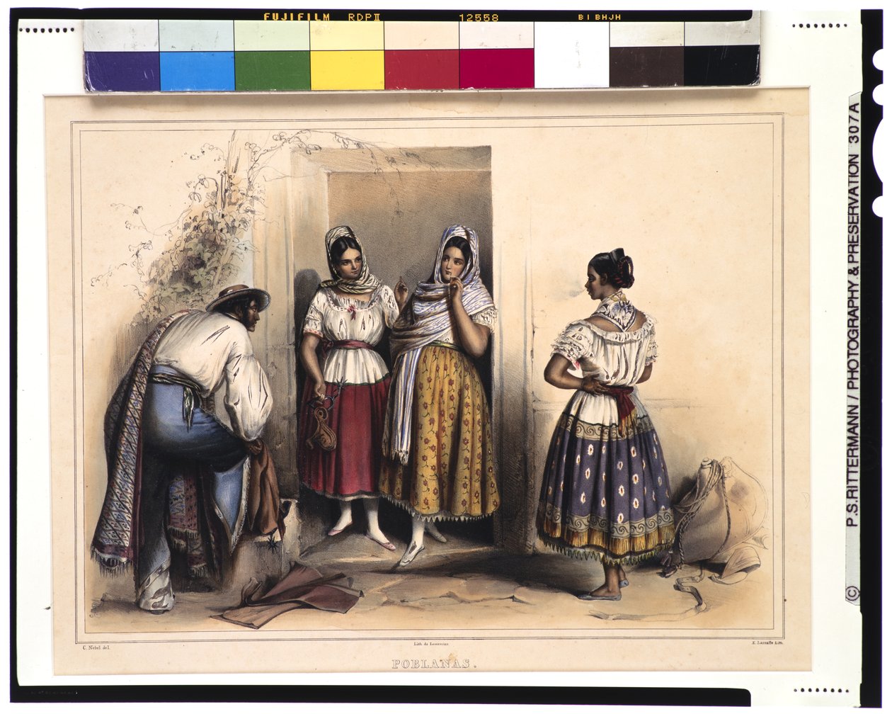 Pueblan naiset, vuoden 1836 jälkeen (väri litho) tekijältä Carl Nebel