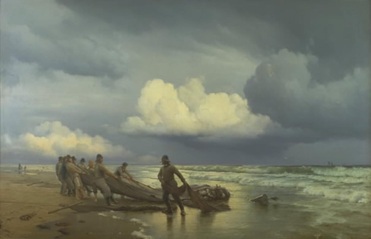 Kalastajat vetävät märkänä Skagen Nordstrandilla tekijältä Carl Neumann