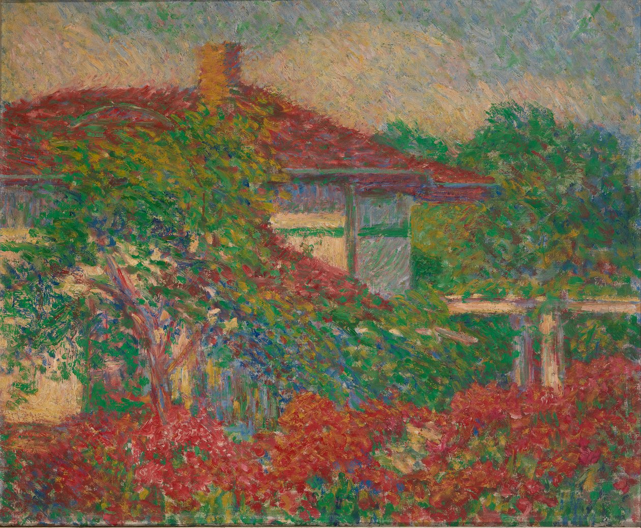 Maisema punaisen kattorakennuksen kanssa, n. 1880-1910. tekijältä Carl Newman