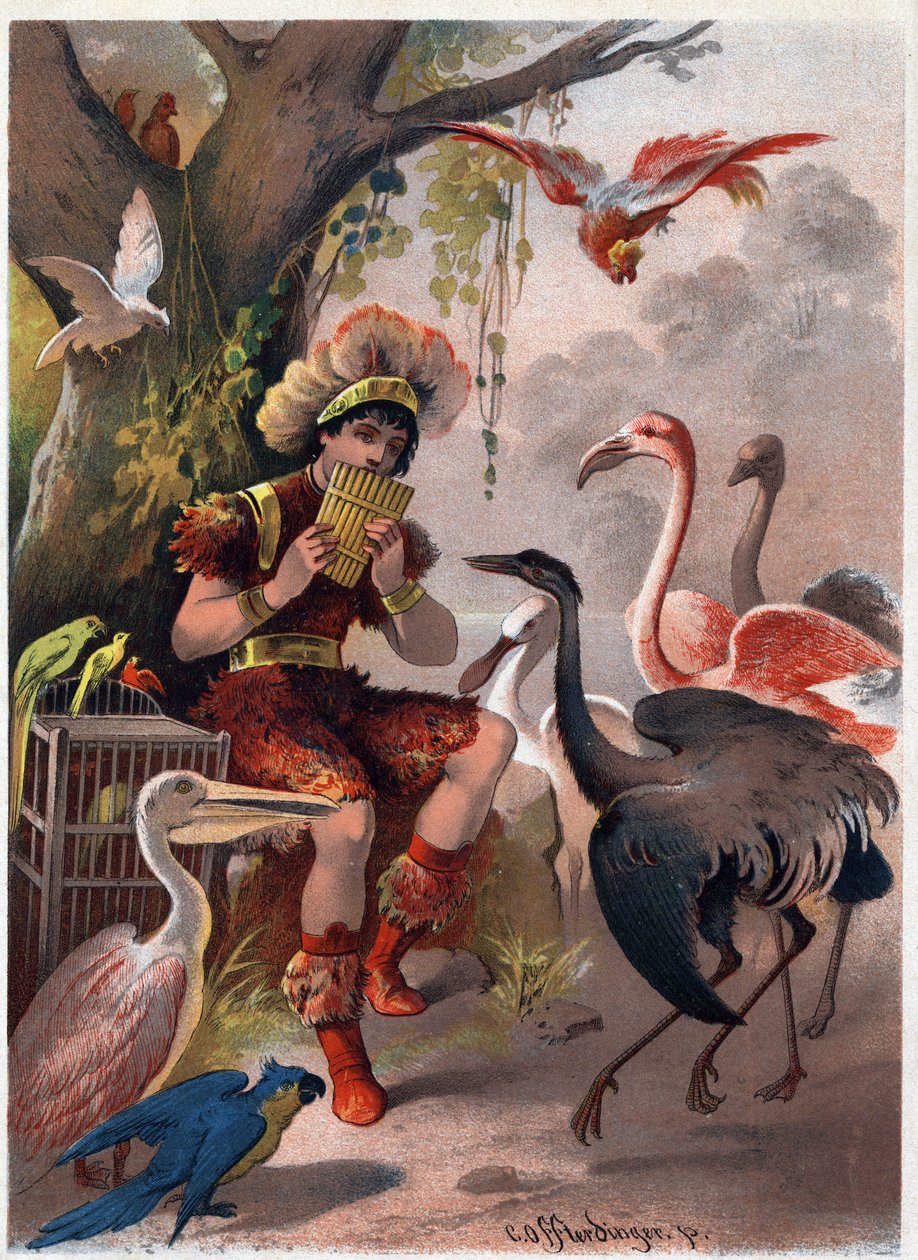 Papageno pannuhuilulla tuo linnut metsästä. Carl Offterdingerin (1829-1889) kuvitus teoksessa ”Lumottu huilu” (Die Zauberflote, flauto magico, The Magic Flute). Yksityinen kokoelma. tekijältä Carl Offterdinger